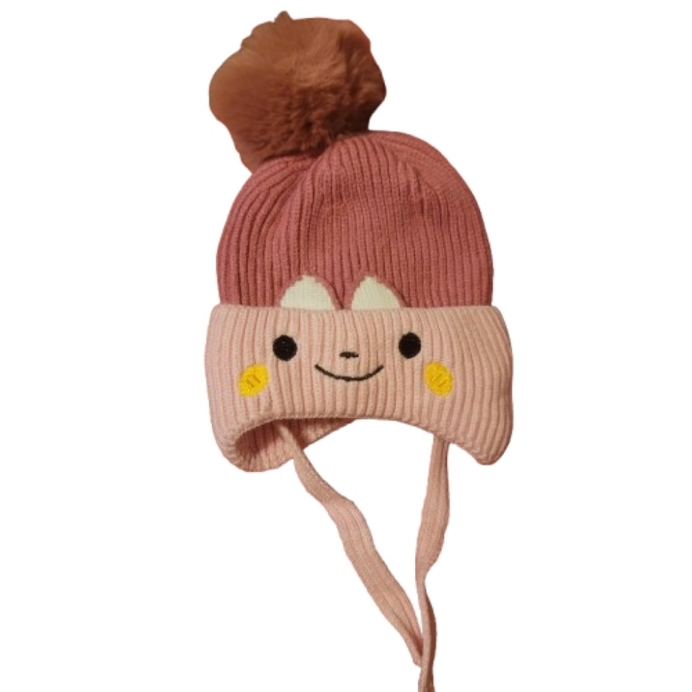 Cute Pink Knit Pom Pom Hat Face & Ears